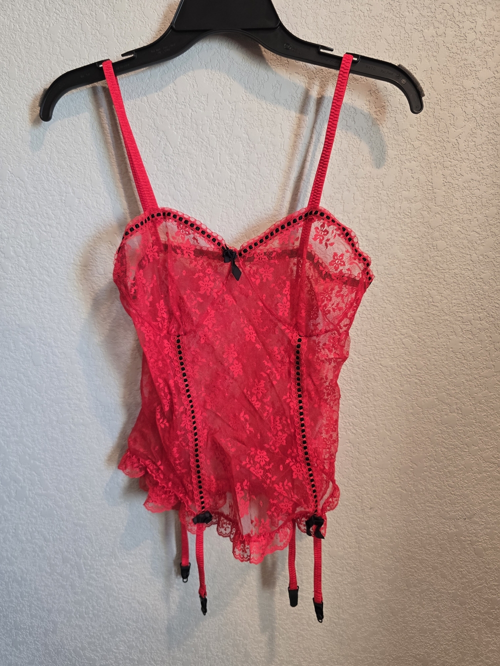 Red Sheer Floral Lace Corset Cami Top Garter Straps Black Accent Bows - Size Lar